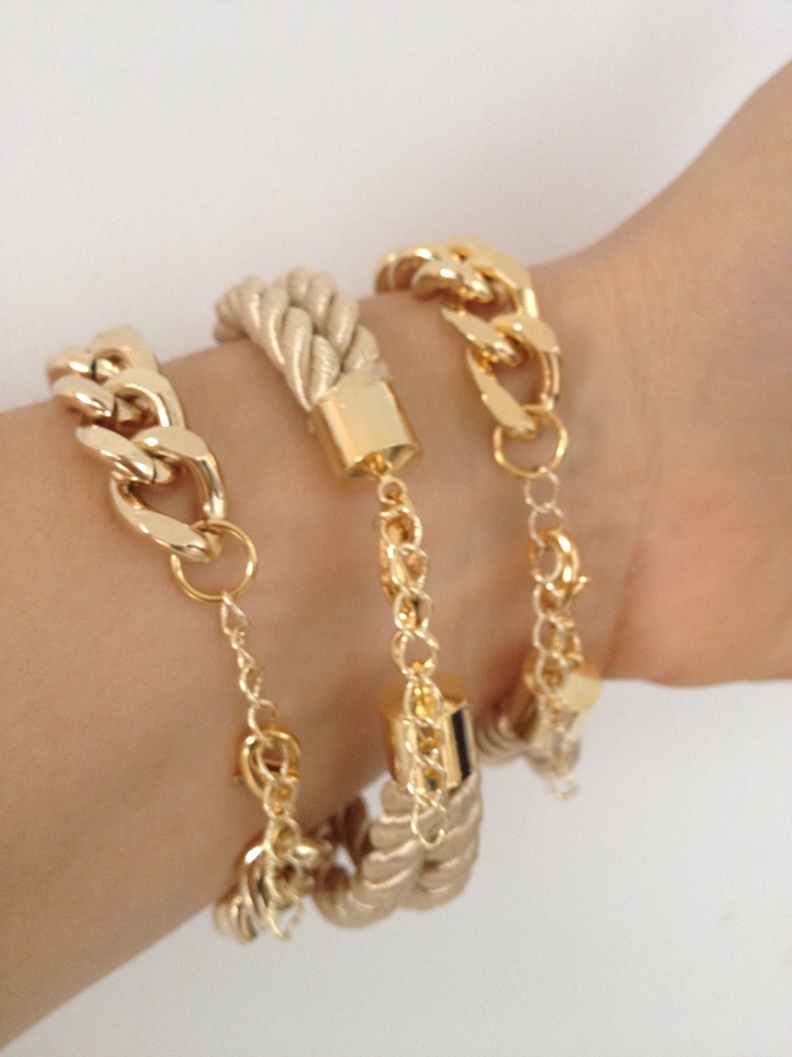 Arm candy set - Chunky chain and Silk Bracelets - 24k gold plated