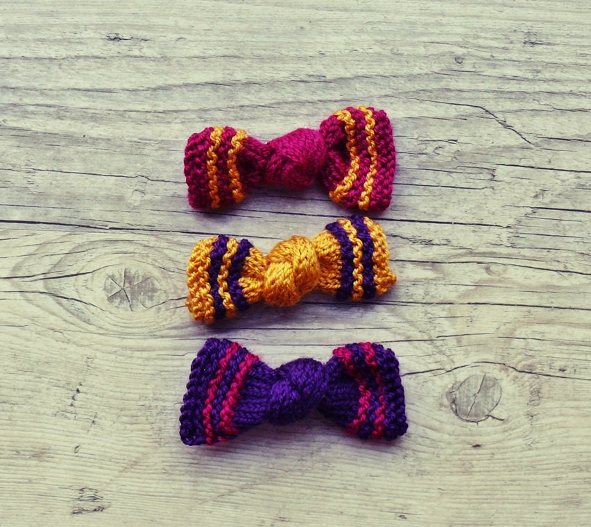 knit bow pin brooch pink purple and yellow - set of 3
