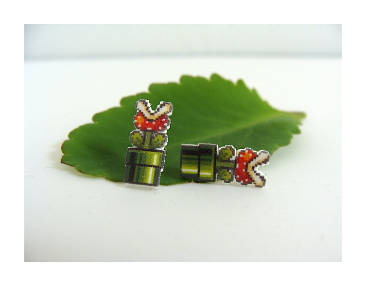 Piranha Plant SMB 3 Pixel Sprite Earrings - retro game jewelry