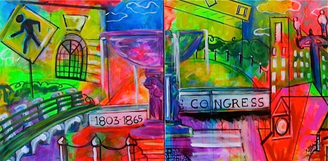 Dupont Circle Hot Summer- large original painting on canvas, 36x72