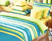 Custom Queen Size Ocean Blue Turquoise Lime Green Yellow Striped and Damask Print Bedding Set