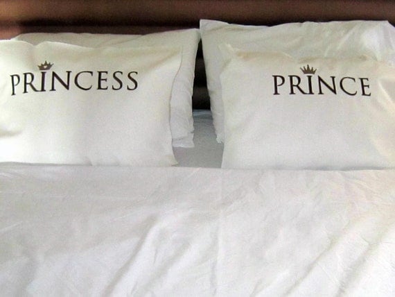 pillow cases, His and Hers BEDROOM  SET, Prince-Princess  embroidered pillows, unique pillows, love pillows