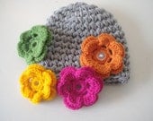 4 Different Flower Options Girl/Baby gray  Hat - Made to Order - Also in Toddler, Girl Sizes