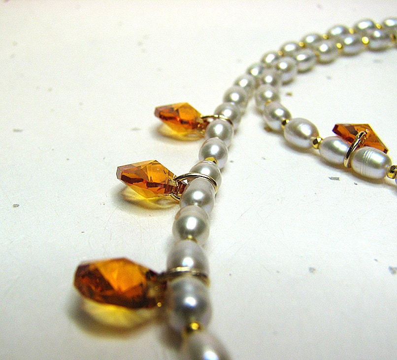 Pale dove grey necklace Single strand freshwater pearl necklace Amber topaz Swarovski crystal beaded necklace Delicate beaded jewelry