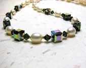 Green Swarovski crystal necklace White pearl necklace Gold beaded necklace Single strand pearl jewelry Beaded jewelry Mothers Day