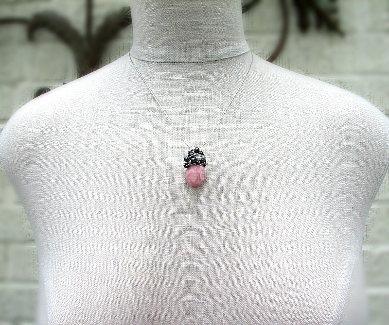 Peruvian pink opal necklace Grey gemstone beaded necklace Sterling silver Wire wrapped beaded jewelry Gemstone jewelry Mothers Day