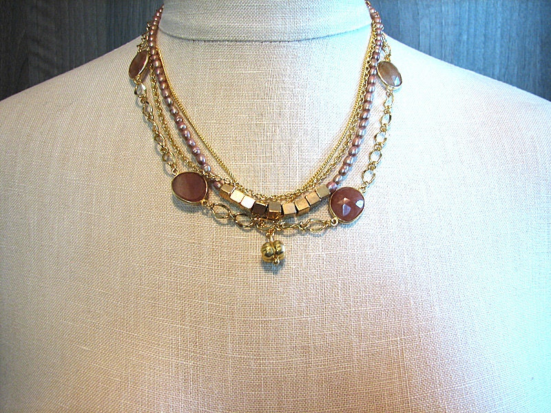 Beaded gold chain necklace Multi strand necklace Layered necklace Taupe pearl and gold multistrand statement gemstone beaded jewelry