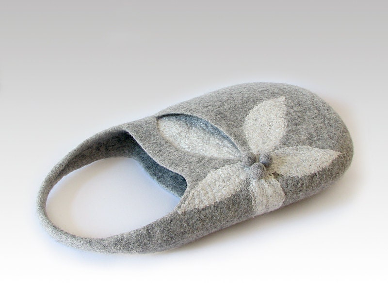 Felt bag, natural gray,  flower bag, medium sized bag