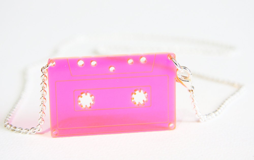 The Cassie Orange Necklace Retro Kitsch Fluorenscent Laser Cut Acrylic Cassette Tape Pendant