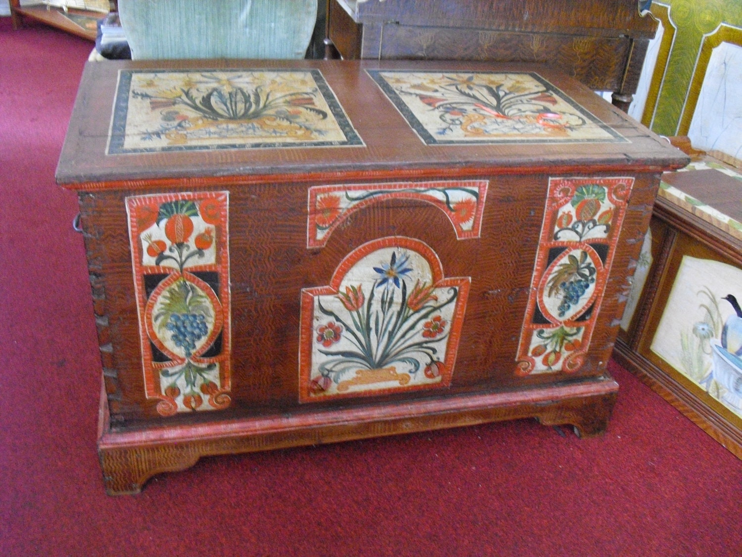 Antique blanket chest, OriginalFolk art painting by Marie Colette