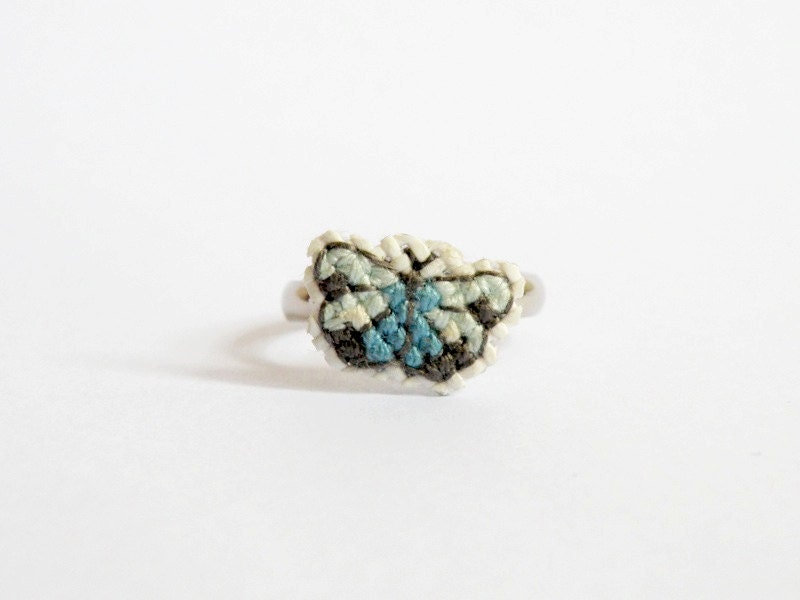 Blue butterfly cross stitch ring, grey blue butterfly, Gifts under 25