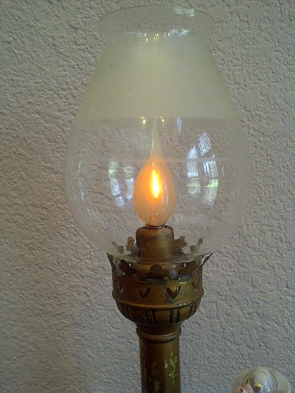 Vintage Brass Lamp with Hand Blown Shade Flickering Bulb