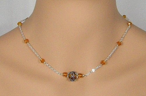 Amber Lampwork Bead and Topaz Swarovski Crystal on SS Chain Necklace