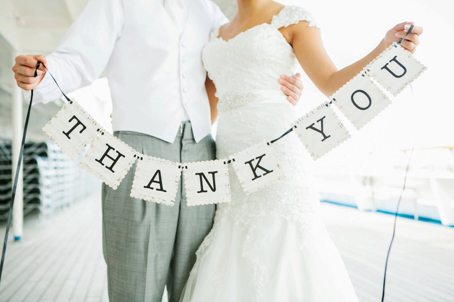 Wedding banner, Thank You banner.  Vintage sheet music design, photo prop for bride and groom.  Medium handmade banner.