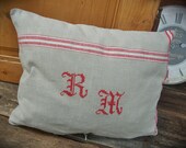 linen cushion antique initials cross stitch R M