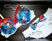 SUPER RUFFLED SUPERMAN Set: White Bra with Superman Comics Fabric and Matching Bow Panties