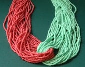 Pink Coral and Light Mint Green 48 Strand 20" Seed Bead Chunky Statement and Sterling Silver Necklace