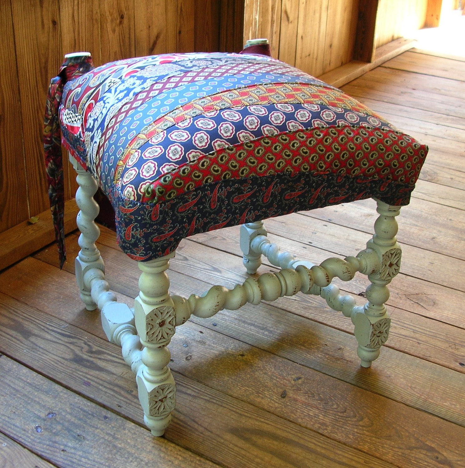Shabby Chic Wood Stool with Neck Tie Cover - Recycled, Upcycled, Farmhouse Chic