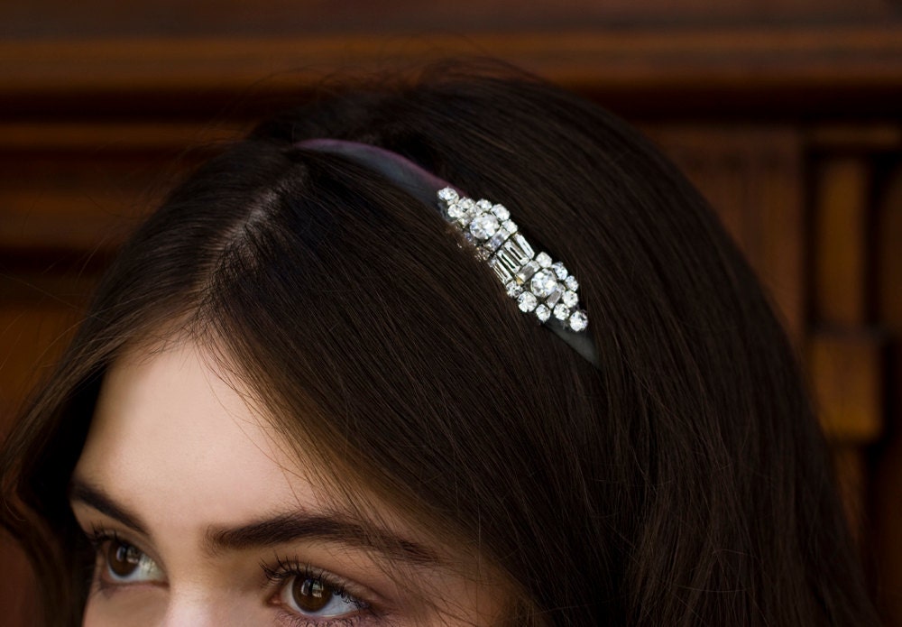 Raw Silk Purple and Gray Ombre Ribbon Art Deco Rhinestone Headband