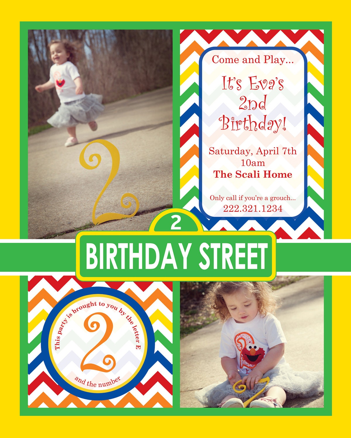 Sesame Street Birthday Chevron Invitation Design -  Customized with your child's party info and photos - Elmo, Big Bird - Chevron