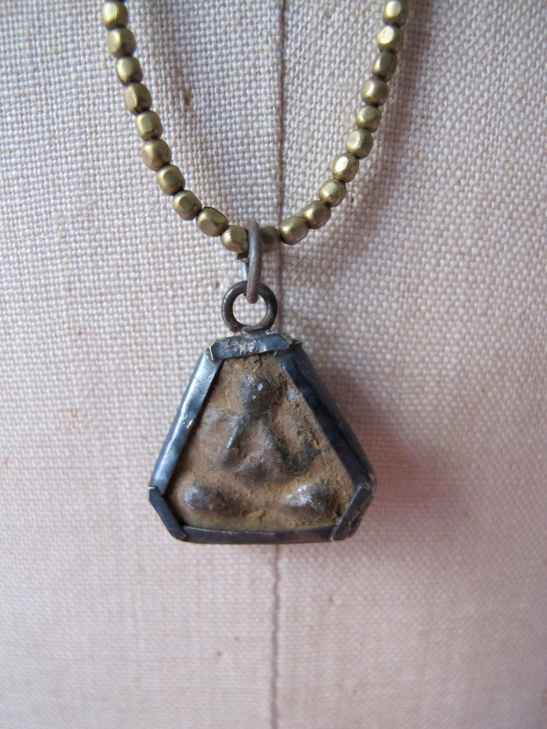 Necklace with Small Seated Buddha Prayer Amulet from Thailand Strung on Tiny Indian Brass Beads