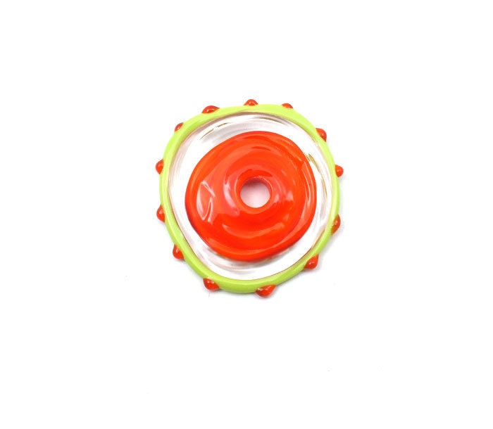 Handmade Lampwork Glass Focal Bead, Green Sun, orange, green, Transparent .