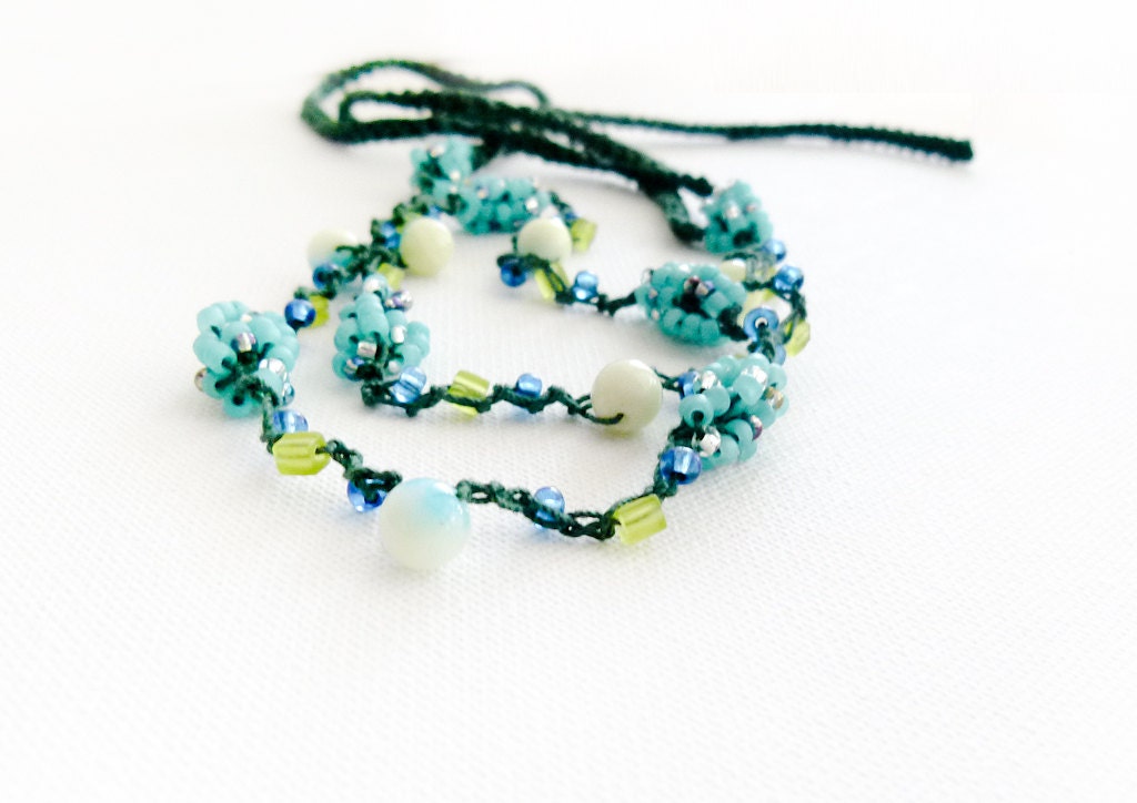 Bohemian Versatile Accessories. Hippie hair head tie -Turquoise green blue crochet headband -  crown hairband, Summer head piece