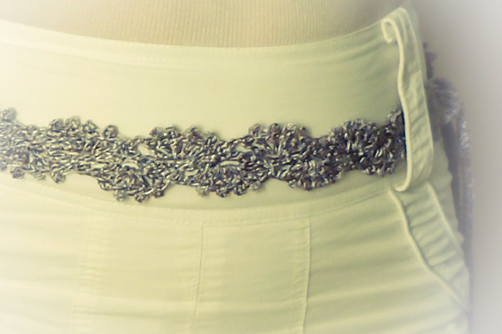 Metallic Silver grey lace crochet belt, bridal sash belt floral motif