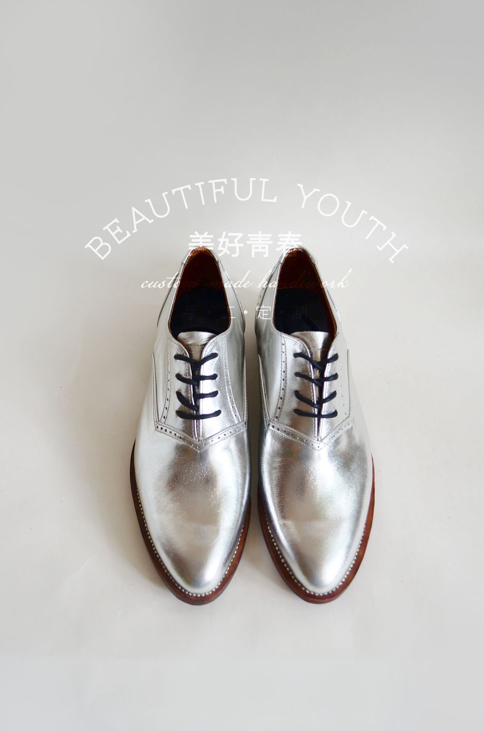 Handstitched Silver Leather Shoes/ Lace Up Shoes/ Oxford Shoes