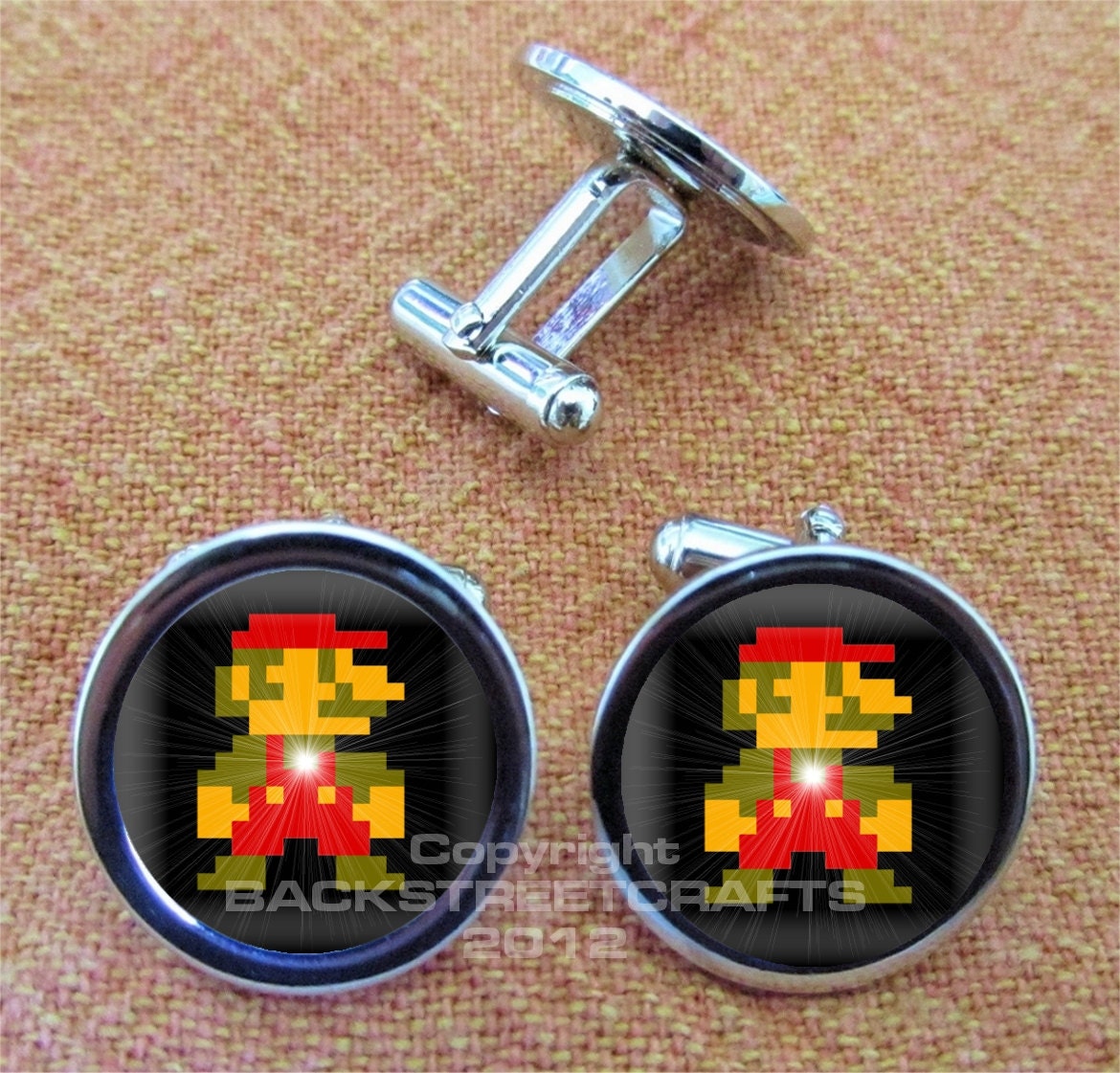 SUPER MARIO BROTHERS Mario 8 Bit Nintendo Nickel Plated Cuff Link Pair Free gift Box Weddings  Christmas Quickship Under 20.00