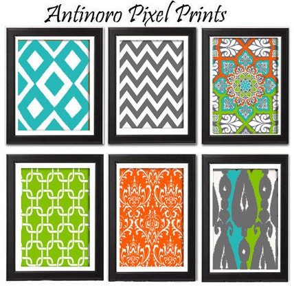 Home Decor Vintage / Modern inspired Art Prints Collection -Set of 6 - 8x11 Prints  - Turquoise Chartreuse Grey Orange  (UNFRAMED)