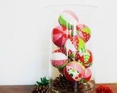Set of 8 - Whimsical fabric Christmas balls - Home decor, table centerpiece, mantle - red, white, green, pink