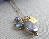 Set of Five Personalized Bridesmaid Necklaces - Bezel Set Labradorite Gemstone Necklace - Coin Pearl Necklace