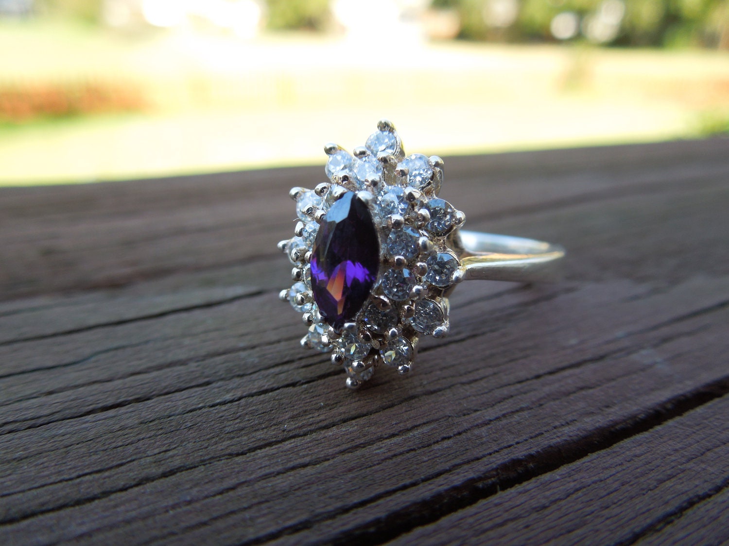 Vintage Amethyst Ring, Sterling Silver, Size 9, Clear Stone Cluster plus Amethyst.  Spectacular