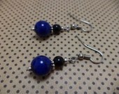 Blue and Black Earrings - Glass Bead, Dangle, Retro