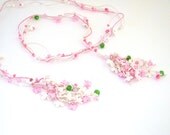Bridal lariat. Cherry flowers bouquet polymer clay necklace, white and pink. Made to order. Handcrafted unique jewelry. FREE SHIPPING