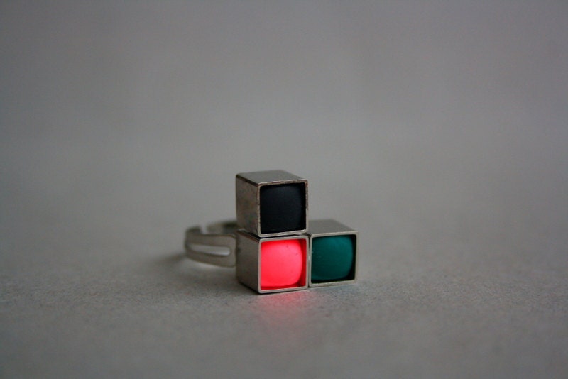TETRIS geometric metallic ring - Black, Green and Neon pink metallic ring. Select your shade between "L" and "V"