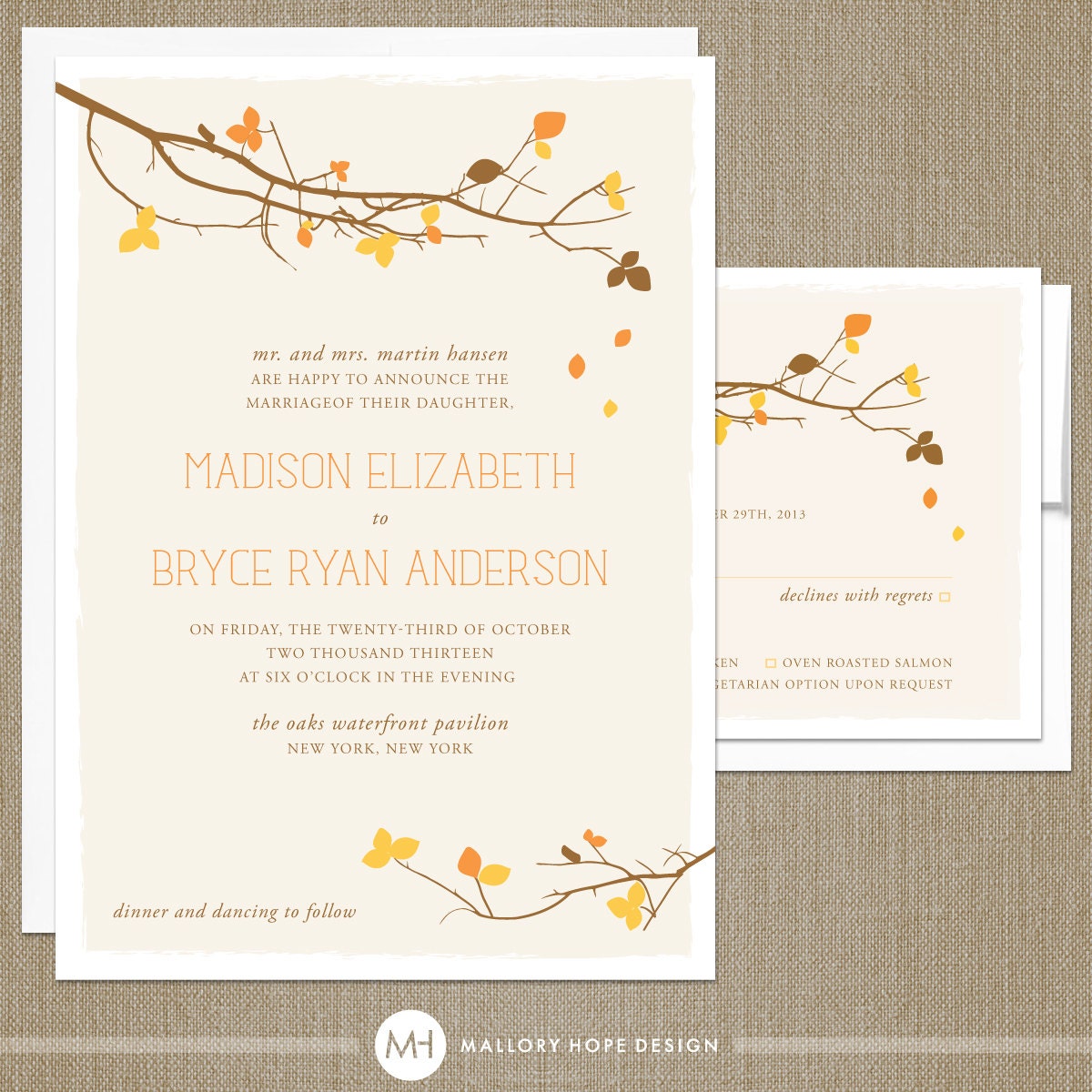 Fall Leaves Modern Wedding Invitation & RSVP Set - CUSTOMIZE Colors and Content - Digital Design Files