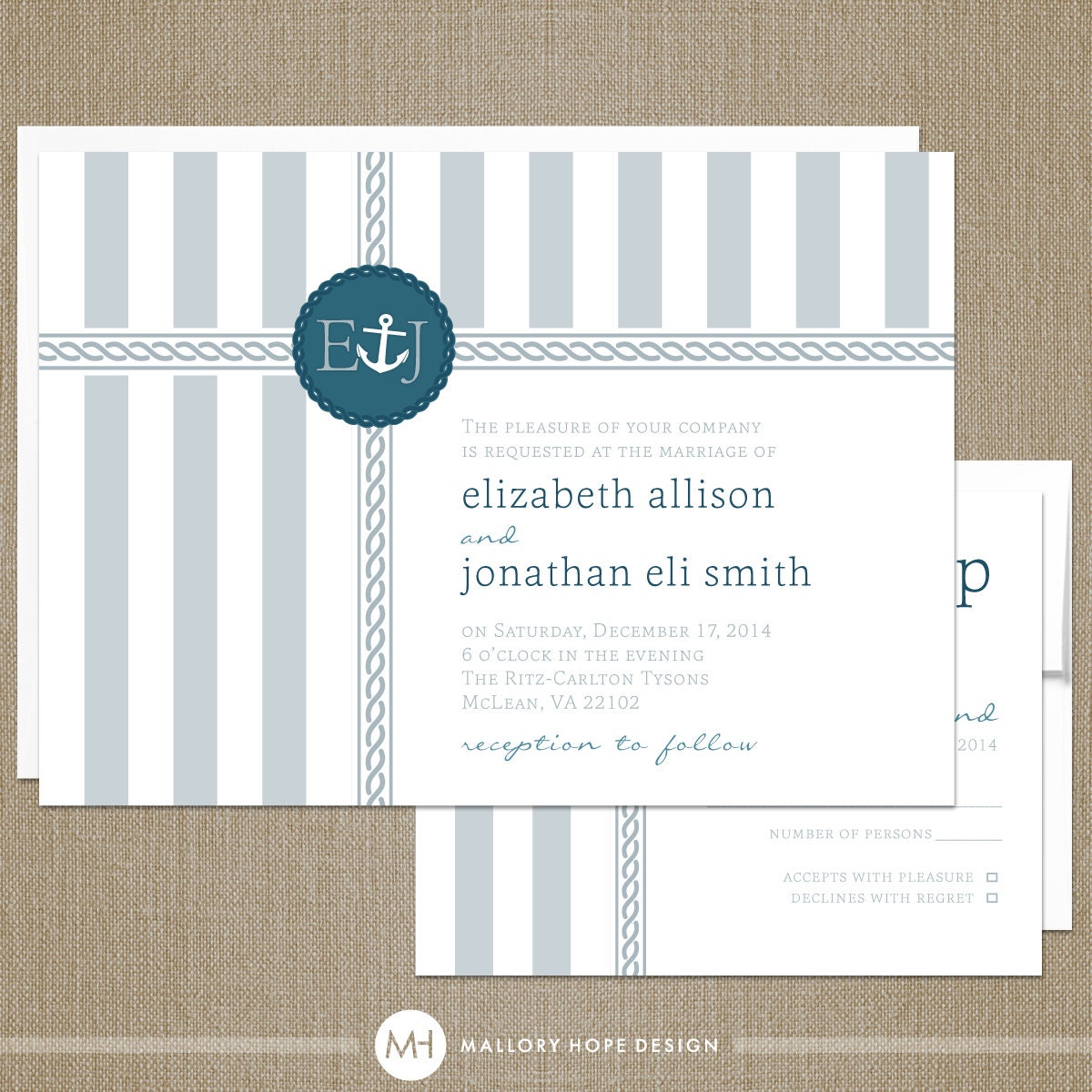 Nautical Stripes Modern Wedding Invitation & RSVP Set - CUSTOMIZE Colors and Content - Digital Design Files