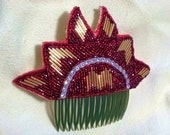 Beaded Hair Comb with Rhinestone in Ruby Red and Gold