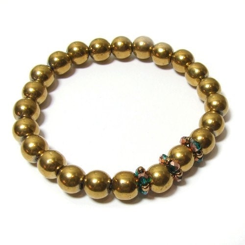 Beaded bracelet , stretch , gold , galvanized hematite , handmade beads
