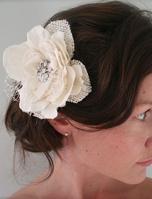 Rustic vintage bridal head piece - ivory silk flower, burlap, vintage rhinestone