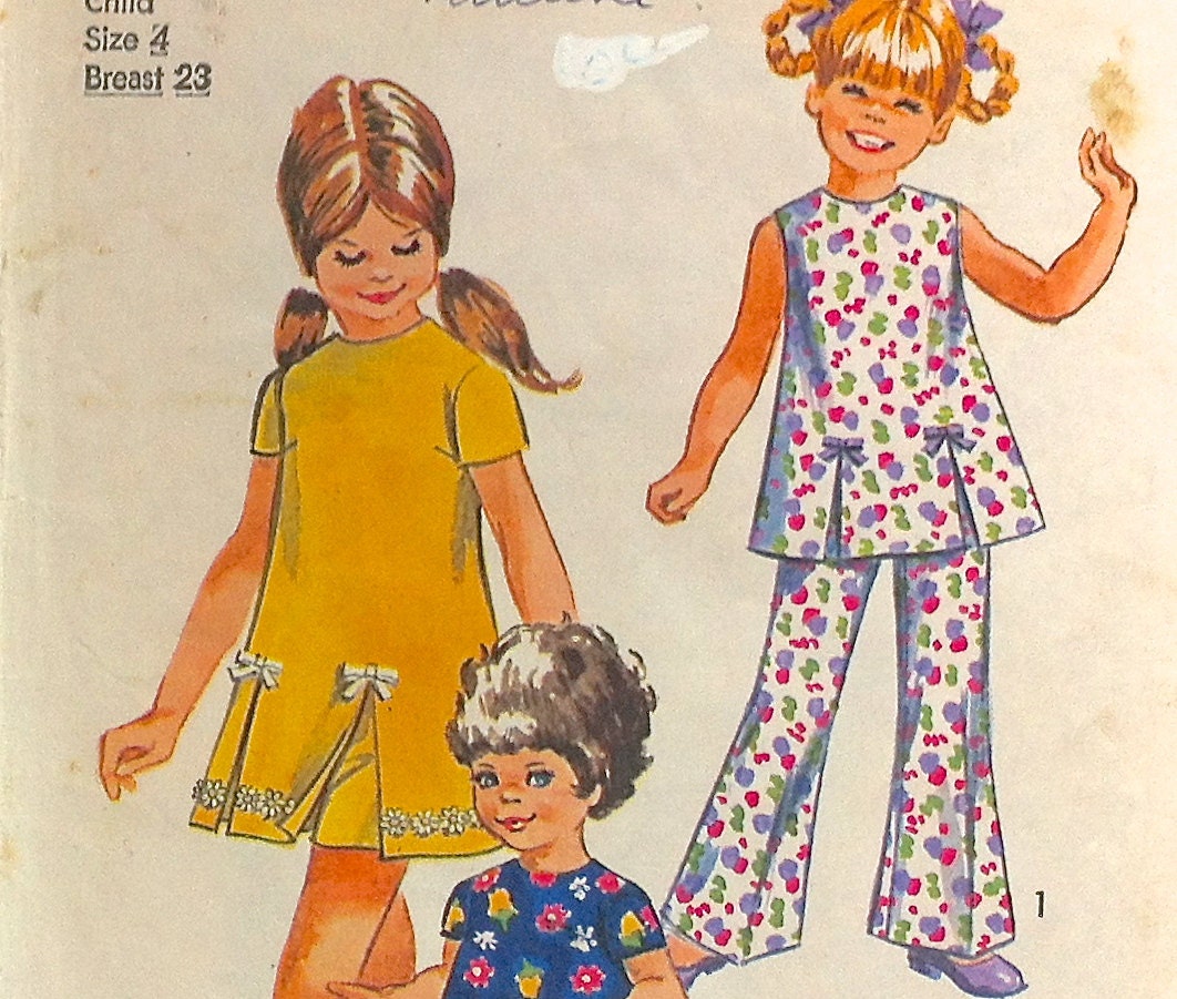 70s Pattern- Girls Size 4 Dress, Shorts and Bell-Bottom Pants.