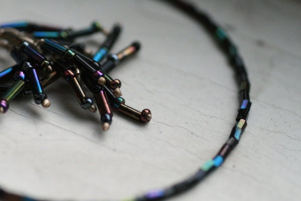 Iridescent Black Beaded Open Hoop Earrings with Multi Strand Dangle