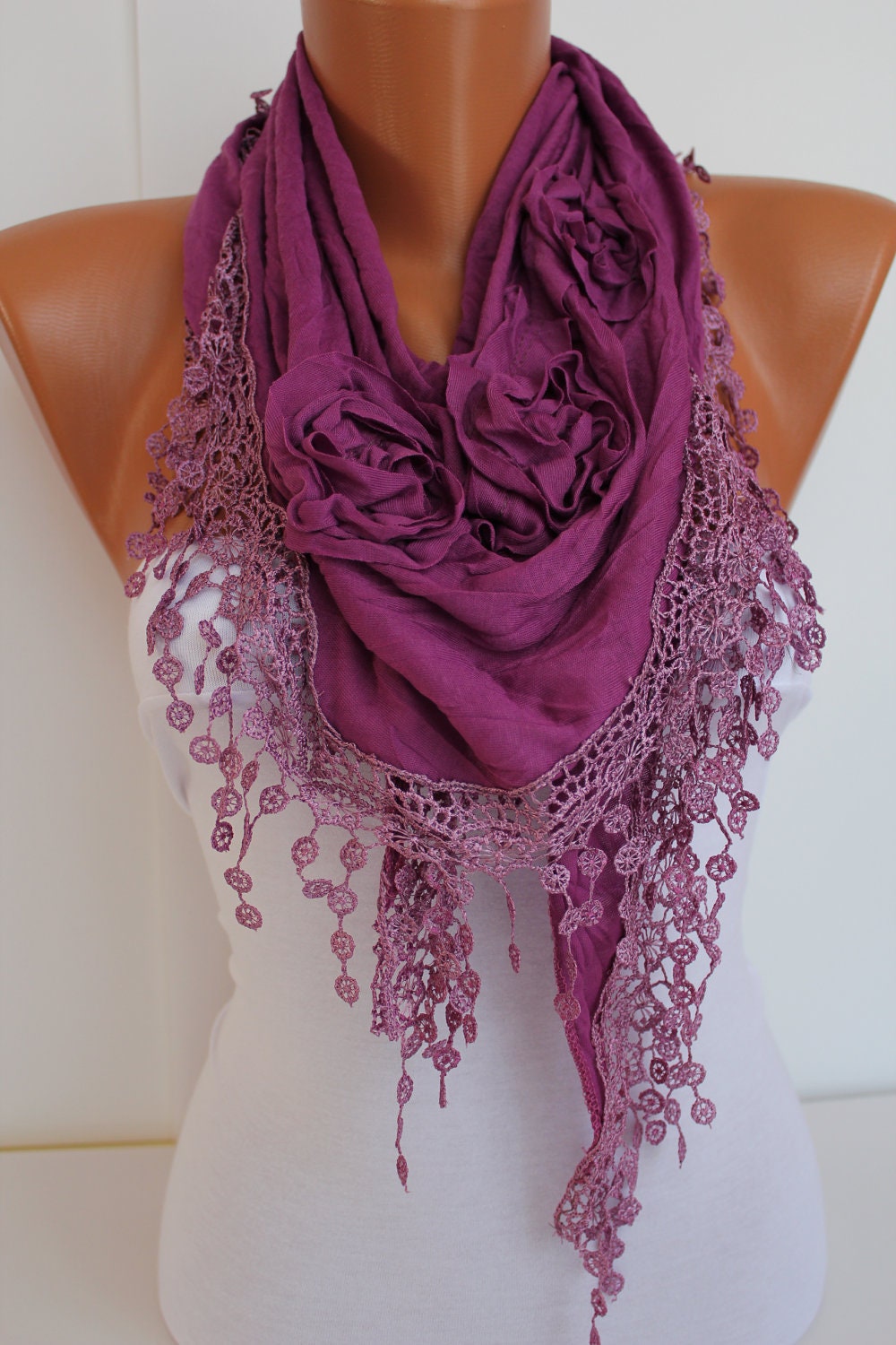 Purple Rose Cotton Shawl/ Scarf - Headband -Cowl with Lace Edge - Summer Trends