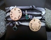 SALE D2E Family silk wrap Charm bracelet with hand stamped lucky pennies, birthstones, magnetic clasp adjustable