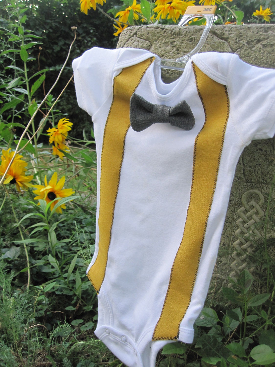 Short Sleeved Onesie with Colored Suspenders and Bow Tie