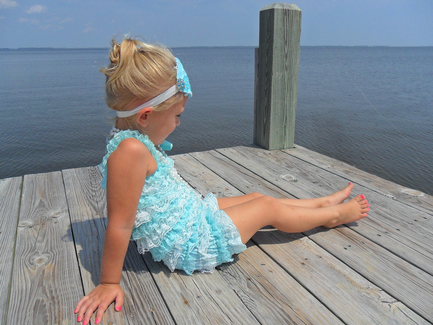 Aqua and White Lace Ruffled Petti Romper Pettiromper with matching Curly Ostrich Feather Headband