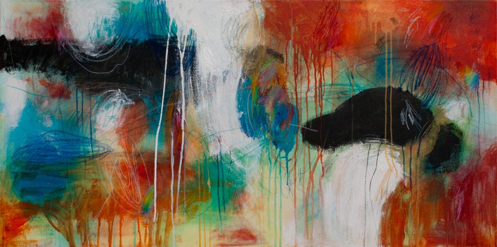 Contemporary Modern Large Wide Long Mixed Media Painting Art Rainbow Orange Blue by JUURI 24 x 48 x .75"