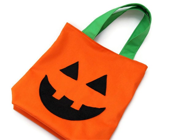 Trick or Treat Bag, Halloween Bag, Appliqued Pumpkin Face, Jack-o-Lantern, Orange with Green Handles, Black Felt Face